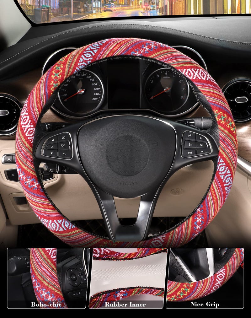 SEG Direct Boho Steering Wheel Cover with Baja Blanket Cloth  Ethnic Style Auto Wheel Cover Made of Coarse Flax  Fits 14 1/2-15 1/4 inches Car Wheel - Image 3